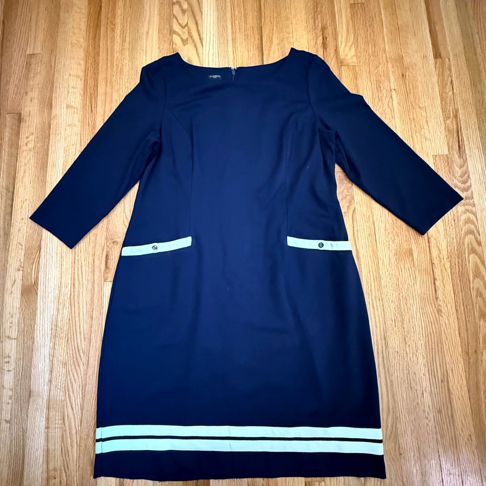 Talbots 16P Navy Sheath Dress Contrast Trim Career Work 3/4 Sleeve Stretch Lined